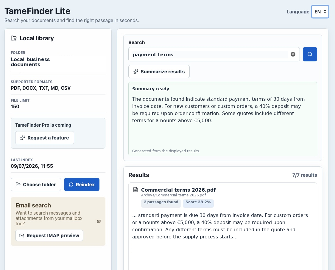 TameFinder Lite screenshot in English