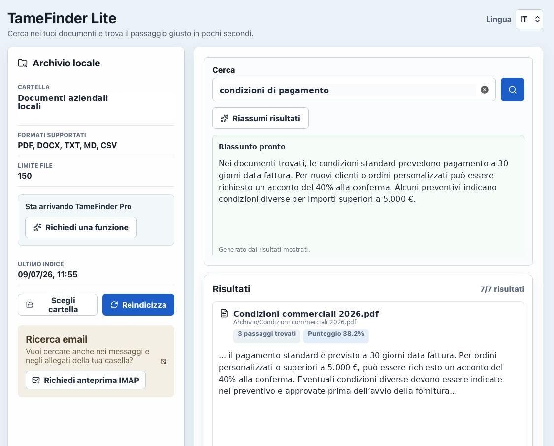Screenshot di TameFinder Lite in italiano