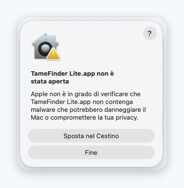 Avviso macOS: TameFinder Lite.app non è stata aperta