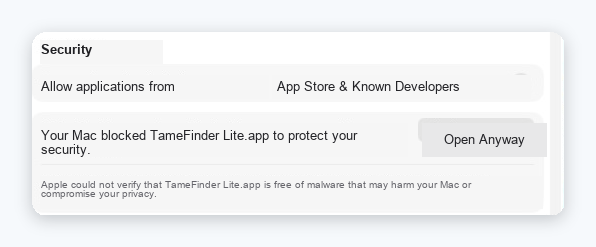 macOS Privacy & Security settings with Open Anyway button