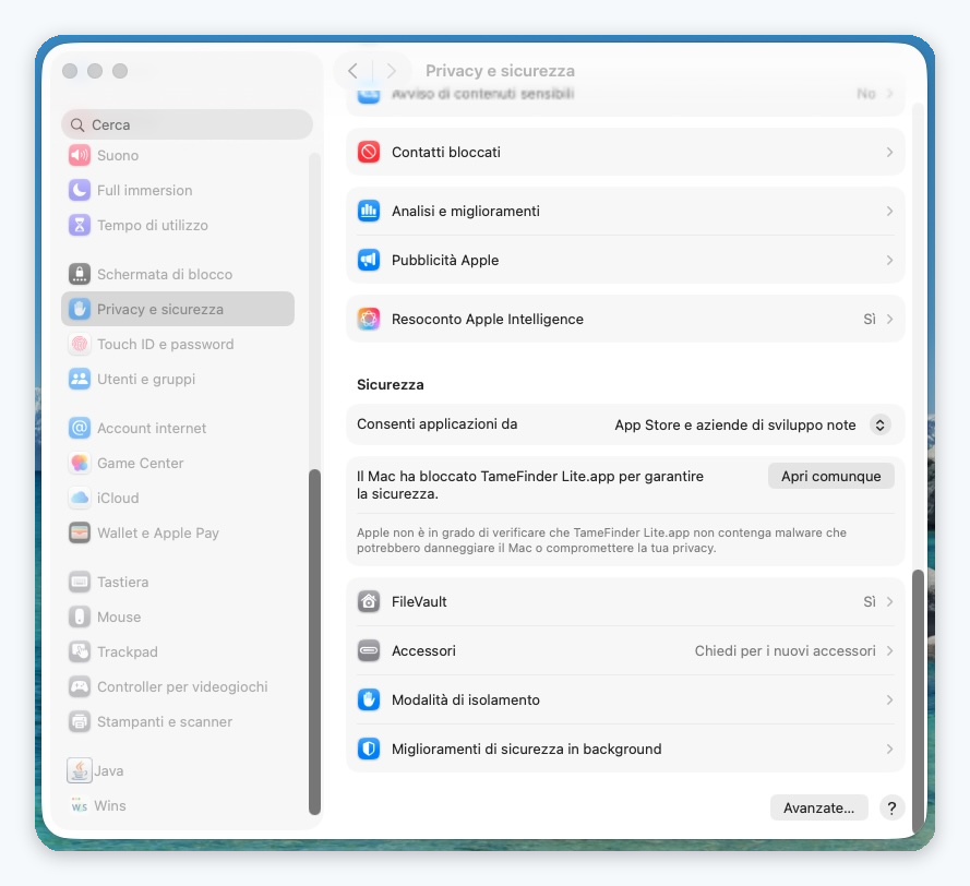 Privacy e sicurezza di macOS con pulsante Apri comunque