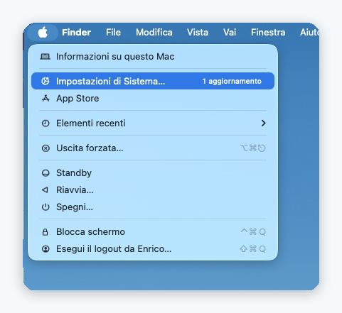 Menu Apple con Impostazioni di Sistema selezionato